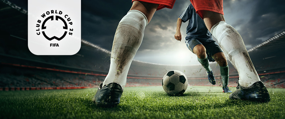 Intense moment during a football game, showcasing the 2025 FIFA Club World Cup logo.