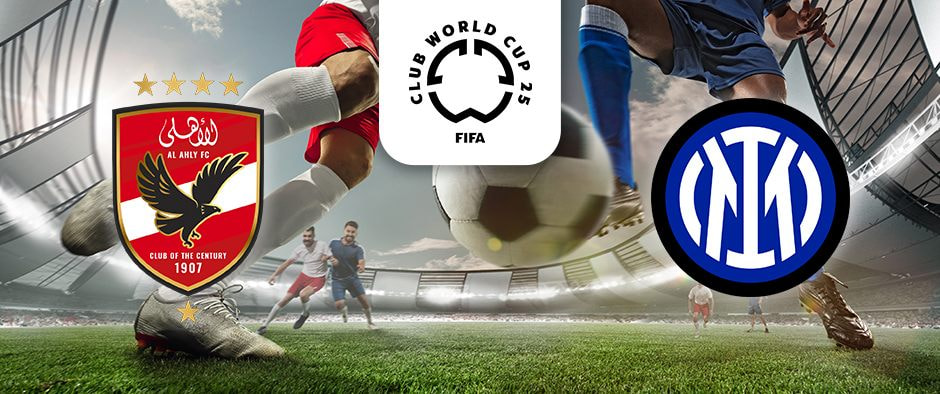 The image captures a dynamic soccer match scene in a stadium, with players actively chasing a football in motion. Positioned above the ball is the emblem for the "Club World Cup 25" by FIFA. On the left side, there is the logo of Al Ahly FC, featuring a red shield with a black eagle, Arabic script, and the text "Al Ahly FC." On the right side, the logo of Inter Miami CF is displayed, which is a pink and black circular emblem with two herons, the word "MIAMI," and "Club Internacional de Fútbol MMXX." This image underlines an exciting football match between Al Ahly and Inter Miami during the Club World Cup 2025.