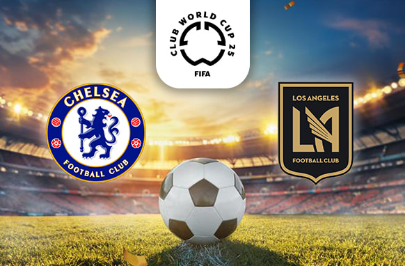 The image shows a football field at sunset with a football placed in the centre. Above the ball is the "Club World Cup 25" emblem by FIFA. On the left side is the logo of Chelsea Football Club, featuring a blue circle with a lion holding a staff, surrounded by red roses. On the right side is the logo of Los Angeles Football Club (LAFC), which consists of a gold and black shield with the initials "LA" and the words "LOS ANGELES FOOTBALL CLUB." The setting is in a stadium, highlighting an anticipated football match between Chelsea and LAFC as part of the Club World Cup 2025.