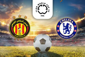 The image depicts a football stadium at sunset with a football on the grass in the foreground. Above the football, there is a logo for the FIFA Club World Cup 2025 in the centre. On the left, the emblem of Espérance Sportive de Tunis is displayed, featuring Arabic text and the club's colours of red and yellow. On the right, the emblem of Chelsea Football Club is shown, featuring the iconic blue lion and English text.