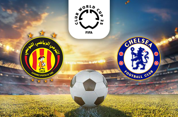 The image depicts a football stadium at sunset with a football on the grass in the foreground. Above the football, there is a logo for the FIFA Club World Cup 2025 in the centre. On the left, the emblem of Espérance Sportive de Tunis is displayed, featuring Arabic text and the club's colours of red and yellow. On the right, the emblem of Chelsea Football Club is shown, featuring the iconic blue lion and English text.