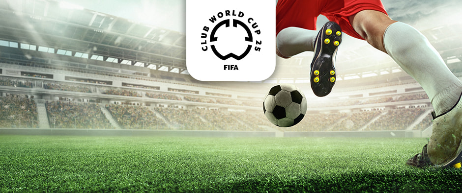 A close-up image of a football player kicking a black-and-white football on a vibrant green pitch in a large stadium. The player's legs are visible, wearing white socks and red shorts, with black and yellow football boots. Above, there's a logo for the FIFA Club World Cup 25, conveying a professional sporting event atmosphere.