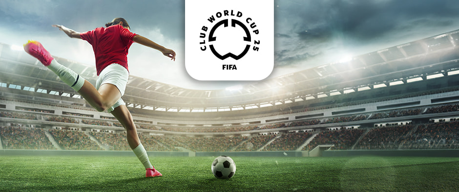 An action-shot image of a footballer poised to kick a black-and-white football on a lush, green pitch within a vast stadium. The player, captured in profile, wears a red top, white shorts, and pink boots, projecting focus and energy. Above the scene is the logo for the FIFA Club World Cup 25, emphasizing the competitive sporting environment.