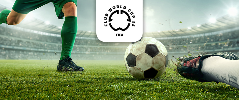 A vivid close-up image capturing a footballer in green kit with black boots engaging a black-and-white football on a grassy pitch, while a goalkeeper's gloved hand stretches towards the ball, kicking up grass. The scene takes place in a sunlit stadium, emphasising the competition's excitement. The FIFA Club World Cup 25 logo appears above, highlighting the significance of the event.