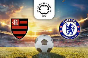 Image showing a football stadium at sunset with a soccer ball placed on the pitch. In the background, there are two football club logos: Flamengo's logo on the left and Chelsea's logo on the right. Above the stadium, the FIFA Club World Cup 2025 logo is displayed. The scene suggests an upcoming match between Flamengo and Chelsea in the tournament.