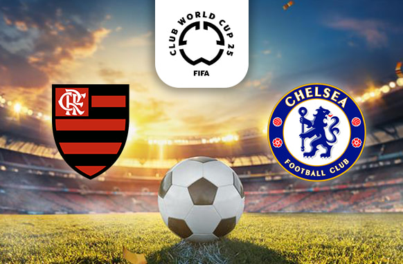 Image showing a football stadium at sunset with a soccer ball placed on the pitch. In the background, there are two football club logos: Flamengo's logo on the left and Chelsea's logo on the right. Above the stadium, the FIFA Club World Cup 2025 logo is displayed. The scene suggests an upcoming match between Flamengo and Chelsea in the tournament.