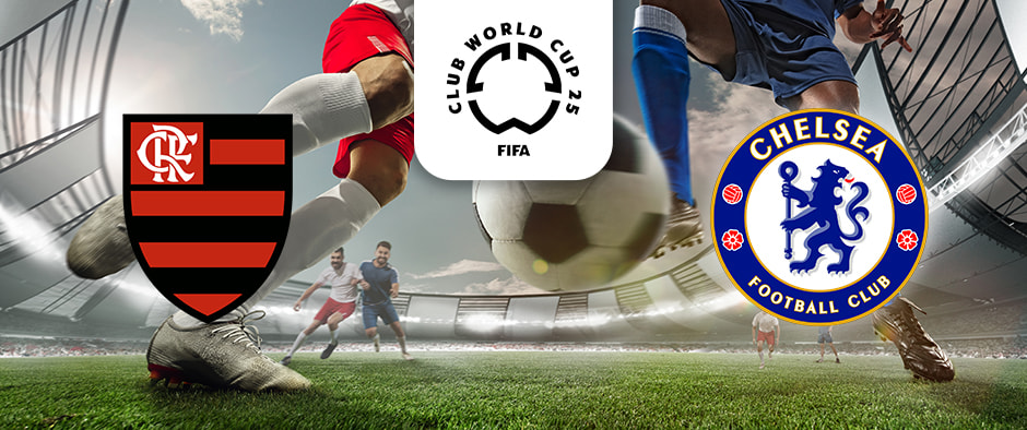 Image depicting an intense football match scene inside a stadium. Players wearing red and blue uniforms are in action, competing for the ball. The Flamengo logo is prominently displayed on the left, and the Chelsea logo is on the right. Above the players, the FIFA Club World Cup 2025 logo is centred, indicating a potential match between Flamengo and Chelsea in this prestigious tournament.