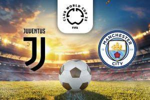The image features a football field inside a stadium at sunset, with a football prominently placed on the grass in the foreground. Above the football is the logo for the FIFA Club World Cup 2025. On the left side is the emblem of Juventus, showcasing the club's iconic black and white "J" design. On the right side is the emblem of Manchester City, featuring a ship, red rose, and the club's light blue colours. The backdrop of the stadium is illuminated by warm sunlight, creating an atmospheric setting.