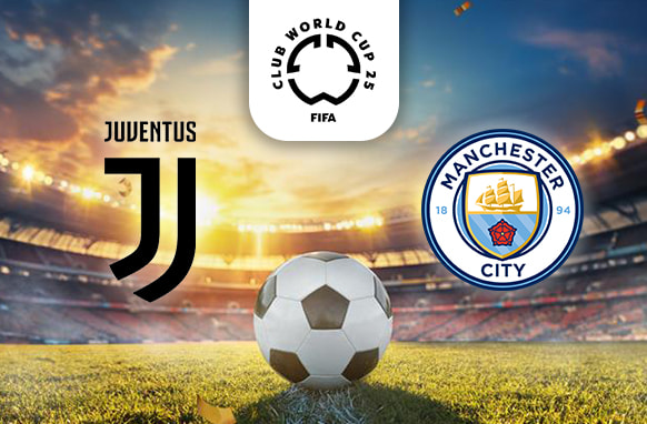 The image features a football field inside a stadium at sunset, with a football prominently placed on the grass in the foreground. Above the football is the logo for the FIFA Club World Cup 2025. On the left side is the emblem of Juventus, showcasing the club's iconic black and white "J" design. On the right side is the emblem of Manchester City, featuring a ship, red rose, and the club's light blue colours. The backdrop of the stadium is illuminated by warm sunlight, creating an atmospheric setting.