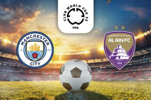 The image shows a football stadium at sunset with a football on the grass in the foreground. Above the football are the logos of two football clubs: Manchester City on the left and Al Ain FC on the right. At the top centre, the FIFA Club World Cup 2025 logo is displayed.