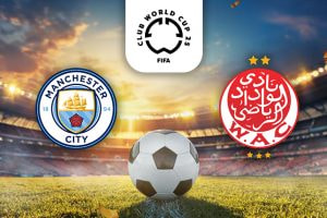 The image shows a football match between Manchester City and Wydad Casablanca in the FIFA Club World Cup 2025, with the logos of both teams displayed alongside a football in a stadium setting.