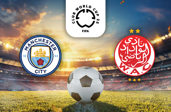 The image shows a football match between Manchester City and Wydad Casablanca in the FIFA Club World Cup 2025, with the logos of both teams displayed alongside a football in a stadium setting.