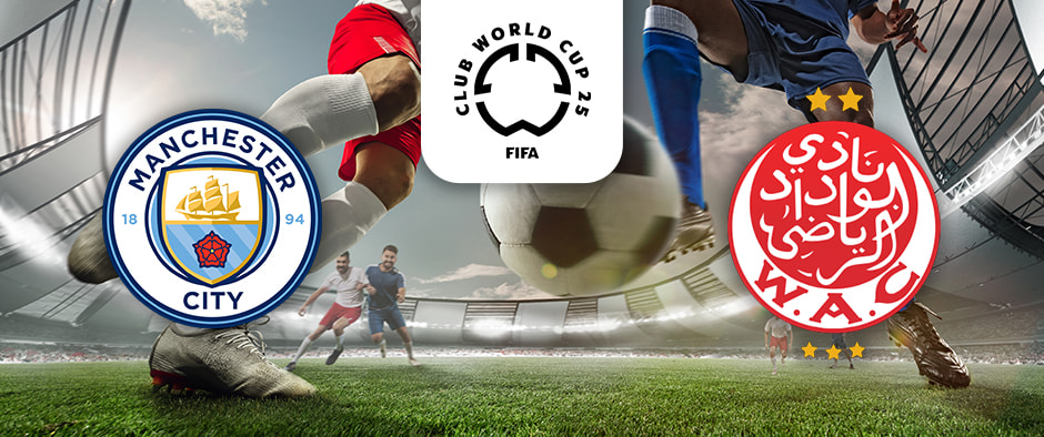 The image depicts a football match between Manchester City and Wydad Casablanca in the FIFA Club World Cup 2025. The players from both teams are in action on the field, with their respective team logos displayed in the foreground alongside a football.