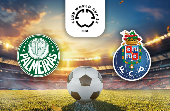 The image shows a football field at sunset with a football placed in the center. Above the ball is an emblem for the "Club World Cup 25" by FIFA. On the left side is the logo of Palmeiras, featuring a green circle with a white letter "P" and the word "PALMEIRAS." On the right side is the logo of FC Porto, displaying a detailed blue and white crest with the initials "FCP" and adorned with heraldic elements. The setting is in a stadium, highlighting an anticipated football match between Palmeiras and FC Porto as part of the Club World Cup 2025.