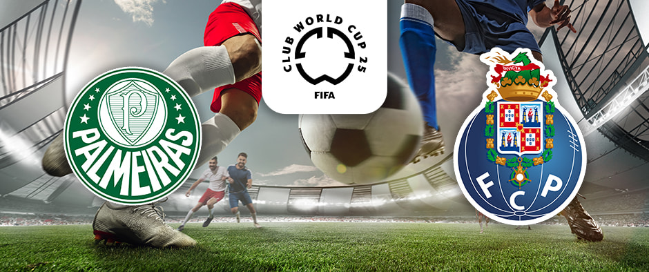 The image captures a dynamic football action scene within a stadium, showing players in motion as they engage with a football. Above the ball in the center is the "Club World Cup 25" emblem by FIFA. On the left side is the logo of Palmeiras, a green circle featuring a white letter "P" along with the name "PALMEIRAS." On the right side is the logo of FC Porto, which consists of a detailed blue and white crest with the initials "FCP" and various heraldic elements. This image highlights a competitive football match between Palmeiras and FC Porto in the context of the Club World Cup 2025.