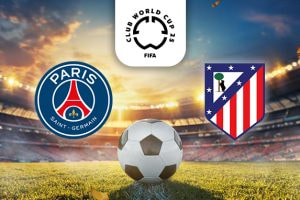 The image shows a soccer field at sunset with a football placed at the center. Above the ball, there is an emblem for the 