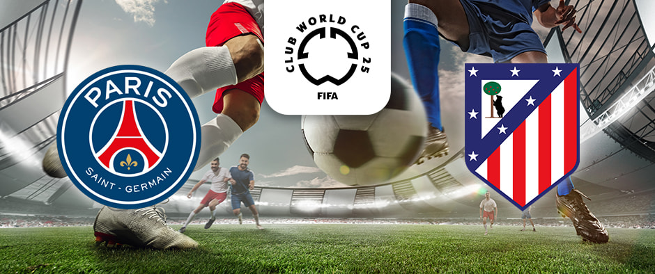 The image features an intense soccer action scene in a stadium, depicting players in motion as they chase a football. In the center above the ball is an emblem for the "Club World Cup 25" by FIFA. On the left side is the logo of Paris Saint-Germain (PSG), a blue circle with a red Eiffel Tower and a golden fleur-de-lis. On the right side is the logo of Atlético Madrid, which includes red and white diagonal stripes and a blue border with a bear reaching for a tree. This image indicates a high-stakes football match between PSG and Atlético Madrid as part of the Club World Cup 2025.
