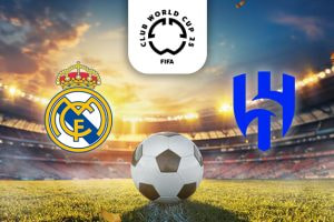 The image shows a soccer match between Real Madrid and Al Hilal in the FIFA Club World Cup 2025, with the logos of both teams displayed alongside a football in a stadium setting.