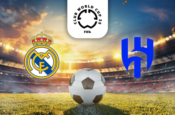 The image shows a soccer match between Real Madrid and Al Hilal in the FIFA Club World Cup 2025, with the logos of both teams displayed alongside a football in a stadium setting.