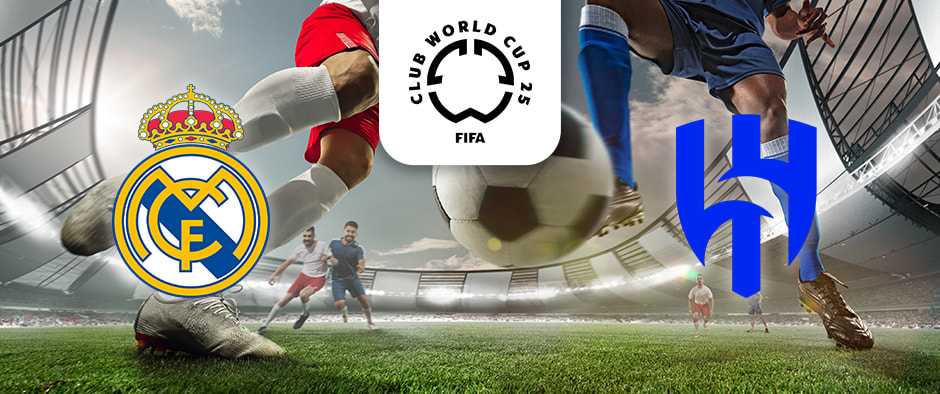The image depicts a soccer match between Real Madrid and Al Hilal in the FIFA Club World Cup 2025. The players from both teams are in action on the field, with their respective team logos displayed in the foreground alongside a football.
