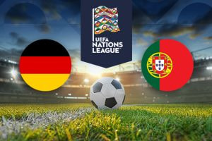 An image showing the flags of Germany and Portugal on either side of a football, set on a football pitch. Above the football is the UEFA Nations League logo, with a stadium in the background under a cloudy sky.