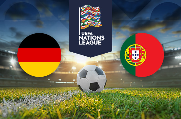 An image showing the flags of Germany and Portugal on either side of a football, set on a football pitch. Above the football is the UEFA Nations League logo, with a stadium in the background under a cloudy sky.