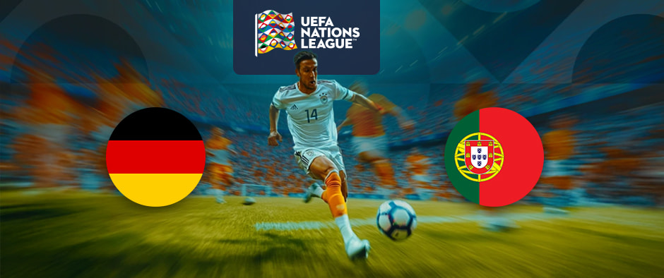 An image featuring the flags of Germany and Portugal on either side, with a footballer in action on a pitch. Above is the UEFA Nations League logo, with a blurred stadium crowd in the background.