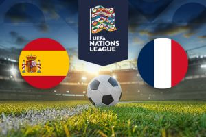 An image depicting the UEFA Nations League featuring a soccer ball on a grass field, with the Spain flag on the left and the France flag on the right. The UEFA Nations League logo is displayed above the field, set against a backdrop of a stadium under a cloudy sky.