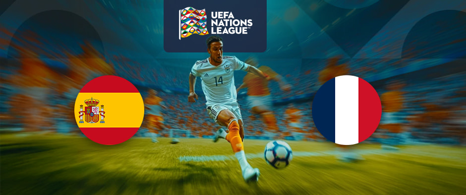 An image illustrating the UEFA Nations League, with a soccer player in action on the field. The Spain flag is on the left, and the France flag is on the right. The UEFA Nations League logo is prominently displayed at the top, against a dynamic background of a stadium and blurred motion elements.