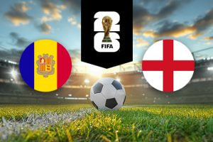 A football field with a soccer ball in the foreground, flanked by the national flags of Andorra on the left and England on the right, with the FIFA World Cup 2026 logo prominently displayed above.