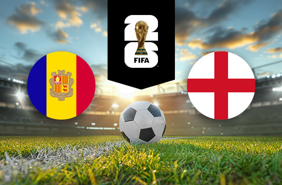 A football field with a soccer ball in the foreground, flanked by the national flags of Andorra on the left and England on the right, with the FIFA World Cup 2026 logo prominently displayed above.