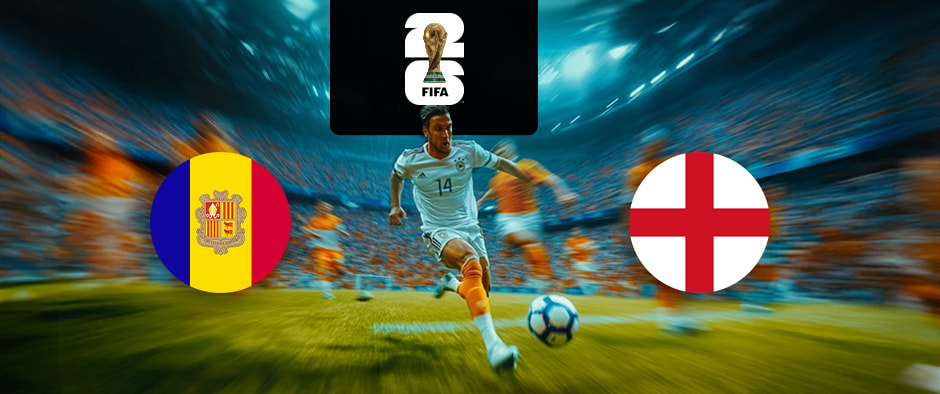A dynamic football scene with a player in mid-action on the field, the national flags of Andorra and England positioned on either side, and the FIFA World Cup 2026 logo prominently displayed above.
