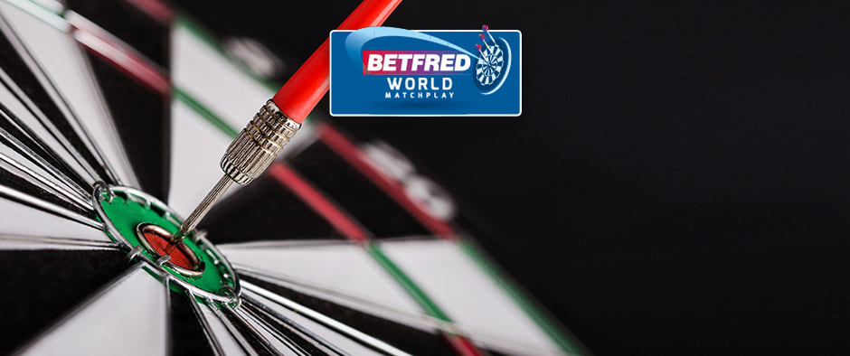 The image features a close-up of a dartboard with a dart expertly landing on the bullseye. The Betfred World Matchplay logo is positioned above, suggesting an association with a major darts competition. The composition highlights the accuracy and focus involved in the sport of darts.