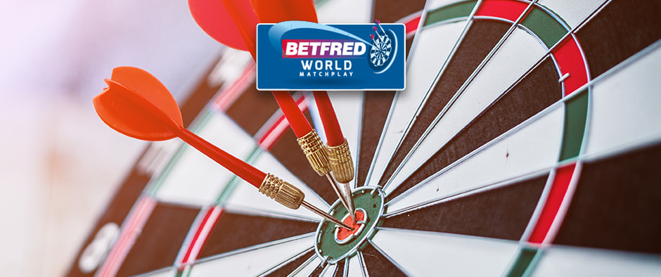 The image depicts a dartboard with three red darts perfectly hitting the bullseye. Above the dartboard is the Betfred World Matchplay logo, suggesting an association with a prominent darts tournament. The composition emphasizes the precision and accuracy inherent in the sport of darts.
