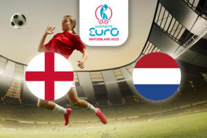 The image captures a vibrant football scene inside a stadium, where a player in a red kit is airborne, ready to engage with the ball mid-air. On the left is the flag of England, featuring the red cross of St George on a white background. On the right is the flag of the Netherlands, showcasing horizontal stripes of red, white, and blue. Centrally positioned at the top is the logo for the UEFA Women's Euro Switzerland 2025, tying the elements together in this sporting context.