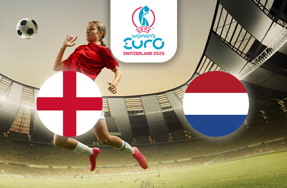 The image captures a vibrant football scene inside a stadium, where a player in a red kit is airborne, ready to engage with the ball mid-air. On the left is the flag of England, featuring the red cross of St George on a white background. On the right is the flag of the Netherlands, showcasing horizontal stripes of red, white, and blue. Centrally positioned at the top is the logo for the UEFA Women's Euro Switzerland 2025, tying the elements together in this sporting context.
