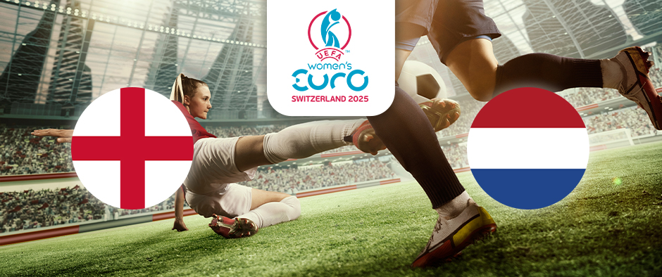 The image shows an active football match with two players competing for the ball inside a stadium. On the left is the flag of England, featuring the red cross of St George on a white background, while on the right is the flag of the Netherlands with its horizontal stripes of red, white, and blue. Above the players, centrally positioned, is the logo for the UEFA Women's Euro Switzerland 2025, providing context to the competitive scene on the field.