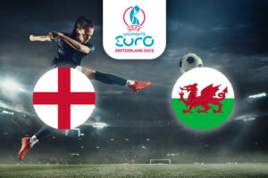 The image captures an intense football scene in a stadium at night, where a player is delivering a powerful kick to the ball. On the left is the flag of England, featuring the red cross of St George on a white background. On the right is the flag of Wales, displaying a red dragon on a green and white field. Centrally positioned above the action is the logo for the UEFA Women's Euro Switzerland 2025, providing context to the match. The stadium lights illuminate the thrilling atmosphere of the game.