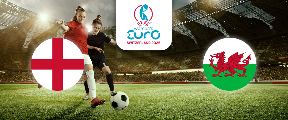  The image shows an energetic football match in a stadium, with two players in competition for the ball. On the left is the flag of England, featuring the red cross of St George on a white background, while on the right is the flag of Wales, displaying a red dragon on a green and white field. Centrally positioned above the players is the logo for the UEFA Women's Euro Switzerland 2025, providing context for the match. The stadium is filled with spectators, creating a vibrant atmosphere.