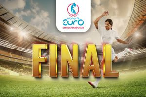 The image depicts a football player in a celebratory pose on the pitch. The stadium is illuminated with lights, creating a vibrant atmosphere. Above the player is the logo for the UEFA Women's Euro Switzerland 2025, indicating the context of the tournament. The prominent word