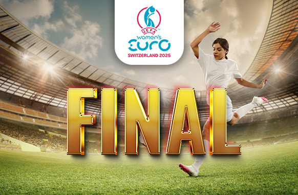 The image depicts a football player in a celebratory pose on the pitch. The stadium is illuminated with lights, creating a vibrant atmosphere. Above the player is the logo for the UEFA Women's Euro Switzerland 2025, indicating the context of the tournament. The prominent word "FINAL" in bold, gold lettering suggests that the image relates to the final match of the tournament.