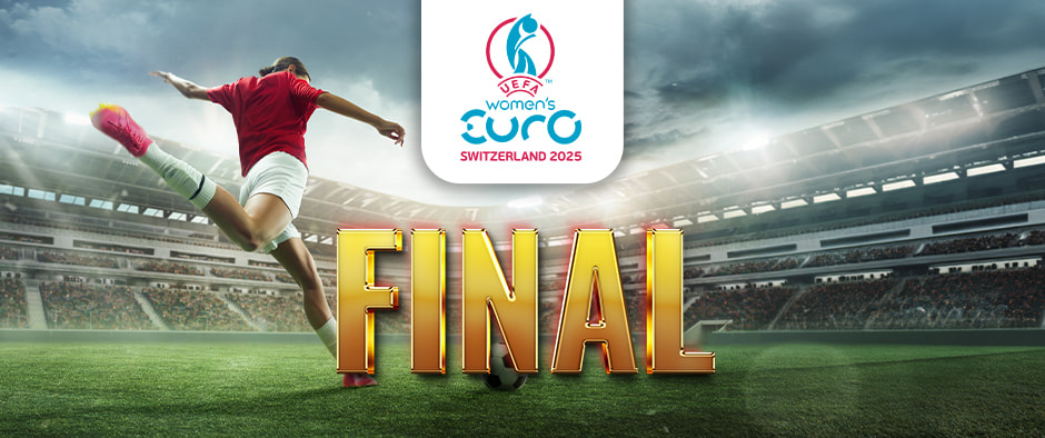 The image shows a football player in action on the pitch, preparing to kick the ball in a stadium filled with spectators. Above the scene is the logo for the UEFA Women's Euro Switzerland 2025, providing context for the tournament. The word "FINAL" is prominently displayed in bold, gold lettering, indicating that the image relates to the final match of the event. The overall atmosphere is charged with anticipation and excitement.