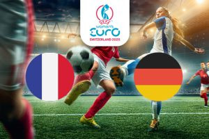 The image shows a lively football match taking place in a stadium, with players actively engaged in play. On the left is the flag of France, featuring vertical stripes of blue, white, and red. On the right is the flag of Germany, displaying horizontal stripes of black, red, and gold. Centrally positioned at the top is the logo for the UEFA Women's Euro Switzerland 2025, setting the context for the event. The stadium lights illuminate the dynamic and competitive atmosphere.