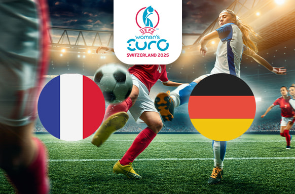 The image shows a lively football match taking place in a stadium, with players actively engaged in play. On the left is the flag of France, featuring vertical stripes of blue, white, and red. On the right is the flag of Germany, displaying horizontal stripes of black, red, and gold. Centrally positioned at the top is the logo for the UEFA Women's Euro Switzerland 2025, setting the context for the event. The stadium lights illuminate the dynamic and competitive atmosphere.