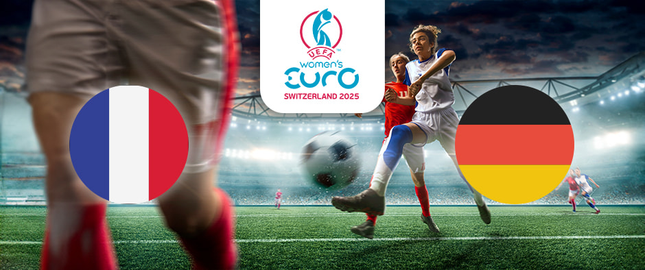 The image captures a dynamic football match within a stadium, where players are actively competing for the ball. On the left is the flag of France, featuring vertical stripes of blue, white, and red. On the right is the flag of Germany, with horizontal stripes of black, red, and gold. Centrally positioned above the action is the logo for the UEFA Women's Euro Switzerland 2025, providing context for the event. The stadium lights illuminate the scene, enhancing the intensity of the match.