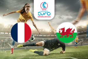 The image features a dynamic football scene with players actively competing for the ball in a stadium setting. On the left is the flag of France, displaying its blue, white, and red vertical stripes, and on the right is the flag of Wales, featuring a red dragon on a green and white field. Above the action is the logo for the UEFA Women's Euro Switzerland 2025, positioned centrally, adding context to the event.