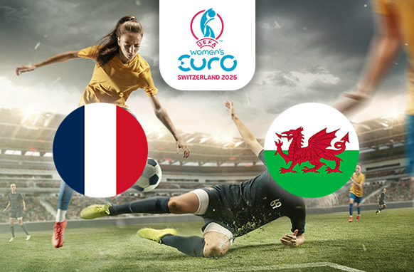 The image features a dynamic football scene with players actively competing for the ball in a stadium setting. On the left is the flag of France, displaying its blue, white, and red vertical stripes, and on the right is the flag of Wales, featuring a red dragon on a green and white field. Above the action is the logo for the UEFA Women's Euro Switzerland 2025, positioned centrally, adding context to the event.
