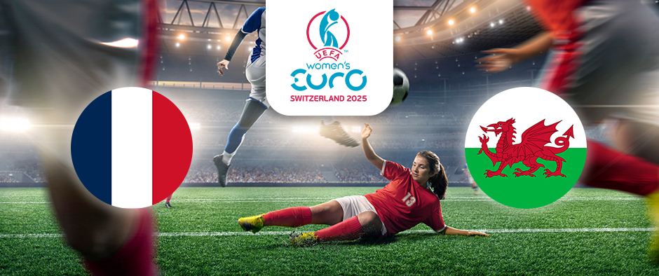 The image captures a thrilling football moment on the pitch, with players intensely engaged in a match. On the left is the flag of France, featuring blue, white, and red vertical stripes, and on the right is the flag of Wales, displaying a red dragon on a green and white field. Centrally positioned above the action is the logo for the UEFA Women's Euro Switzerland 2025, providing context to the competitive atmosphere of the scene.