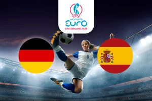The image depicts a football player in action, performing an acrobatic overhead kick in a stadium. On the left is the flag of Germany, featuring horizontal stripes of black, red, and gold. On the right is the flag of Spain, showing horizontal stripes of red, yellow, and red with the national coat of arms. Centrally positioned above the scene is the logo for the UEFA Women's Euro Switzerland 2025, providing context for the event. The stadium lights illuminate the dramatic and exciting atmosphere of the match.