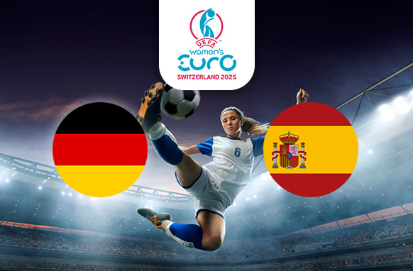 The image depicts a football player in action, performing an acrobatic overhead kick in a stadium. On the left is the flag of Germany, featuring horizontal stripes of black, red, and gold. On the right is the flag of Spain, showing horizontal stripes of red, yellow, and red with the national coat of arms. Centrally positioned above the scene is the logo for the UEFA Women's Euro Switzerland 2025, providing context for the event. The stadium lights illuminate the dramatic and exciting atmosphere of the match.